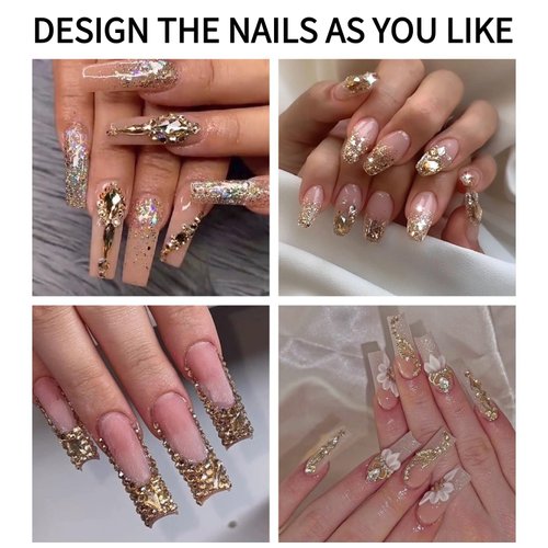 SUTOKAKA 1 Box Champagne Gold Nail Art Rhinestones Multi Shapes 3D Flatback Bedazzling Crystals Non Hotfix Nails Gems Stones with Tweezer Picker Pencil for Manicure Face Eyes Makeup DIY Crafts