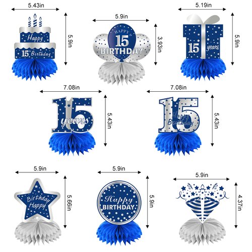 Kauayurk 8Pcs 15th Birthday Honeycomb Centerpieces Decorations for Boys, Blue Silver 15 Year Old Table Centerpiece Party Supplies, Fifteen Topper Decor Sign