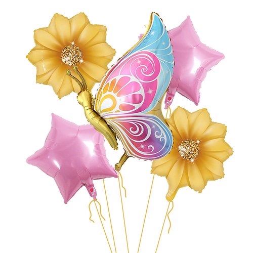 DIADARL Butterfly Foil Balloons Suit With Sunflower Pentagram Foil Balloons Baby Shower decorations Girl Birthday Party Butterfly Theme Birthday Party Supplies (5 PCS)