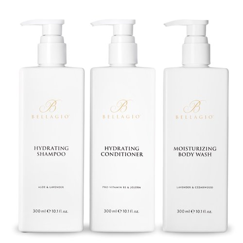 Bellagio Shower Set - Shampoo, Conditioner, Body Wash - Scented with Cedarwood, Green Mandarin, Lavender - Vegas Hotel Bath Amenities - 10 oz, White