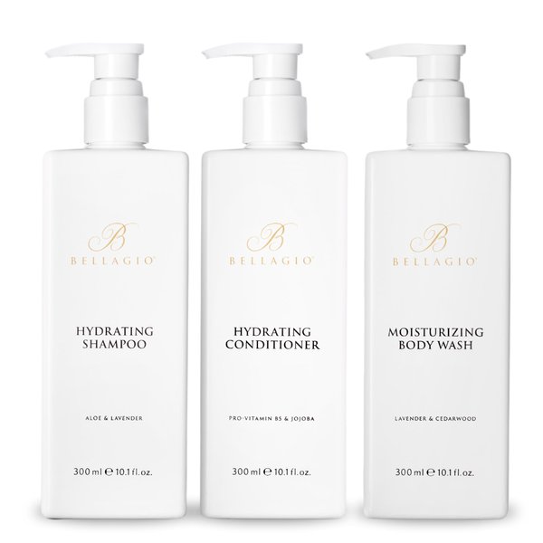 Bellagio Shower Set - Shampoo, Conditioner, Body Wash - Scented with Cedarwood, Green Mandarin, Lavender - Vegas Hotel Bath Amenities - 10 oz, White