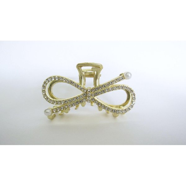 Generic Small/medium gold metal pearl and crystal bow shaped hair claw clip