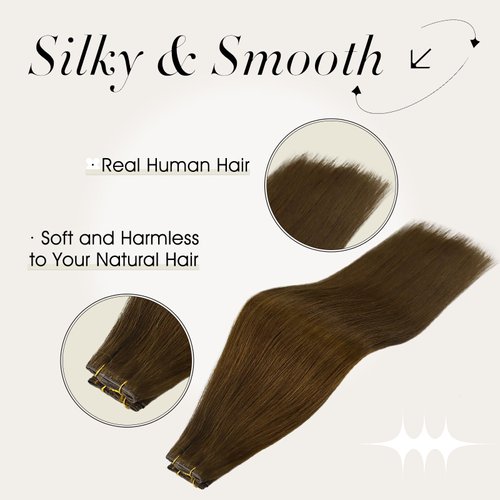 Full Shine Genius Weft Hair Extensions Real Human Hair Hand Tied Extensions Straight Hair Brazilian Human Hair Extensions Sew In Color Chocolate Brown #4 Sew In Hair Extensions 50G 18 Inch