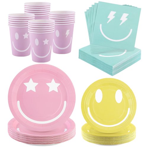 Kochorie 96 Piece Preppy Smiley Face Party Paper Plates Preppy Smile Face Party Decorations Preppy Tableware Set Paper Smile Face Plates Cups Napkins Cutlery Serve 24 Guest for Birthday or Baby Shower