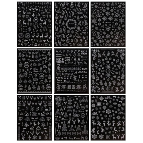 JMEOWIO 9 Sheets Christmas Glitter Nail Art Stickers Decals Self-Adhesive Snowflake Winter Holiday White Nail Supplies Nail Art Design Decoration Accessories