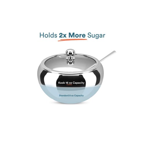 KooK Sugar Bowl with Lid, Stainless Steel, with Spoon, Serving Dish, Clear Glass Lid, Storage for Salt, Candy, Coffee, Holds 2 Cups, Dishwasher Safe, 16 Oz Stainless Steel