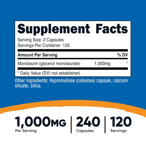 Nutricost Monolaurin 1000 mg (120 Servings, 240 Capsules) - Gluten-Free, Non GMO, Vegan