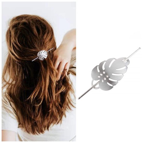 Yheakne Vintage Leaf Hair Slide Clip Metal Hair Bun Cuff Leaf Bun Holder Cage Silver Hair Holder ...