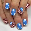 Independence Day Press on Nails Short Star False Nails 4th of July Glue on Nails American Flag Glossy Five-pointed Star Design Fake Nails Natural Fit Stick on Nails Acrylic Artificial Nails for Women