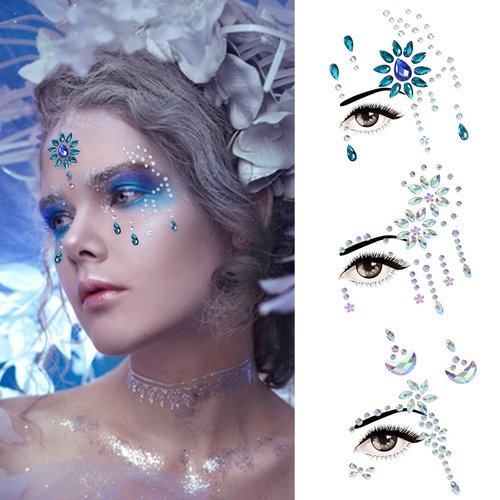 5 Sets Winter Snowflake Glitter Gemstone Face Tattoo Stickers Winter Fairy Rhinestone Face Jewels Eye Face Gems Temporary Stickers for Christmas Halloween Makeup Carnival Party