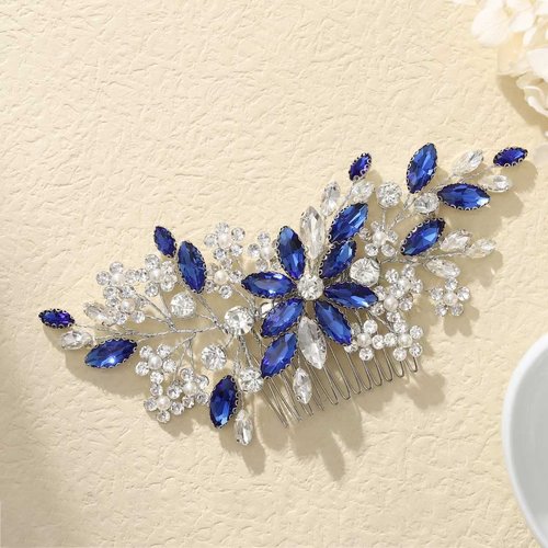 Catery Bride Wedding Hair Comb Blue Rhinestone Side Combs Bridal Hair Piece Headpiece Hair Accessories Headpiece for Women Pack of 1(Blue)