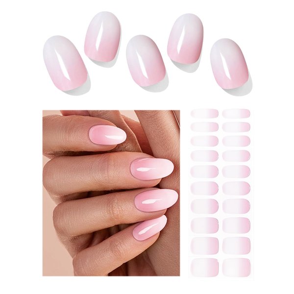 Semi Cured Gel Nail Strips, （Pink Ombre） 20pcs Gel Nail Stickers Work with UV, Easy to Use and Remove
