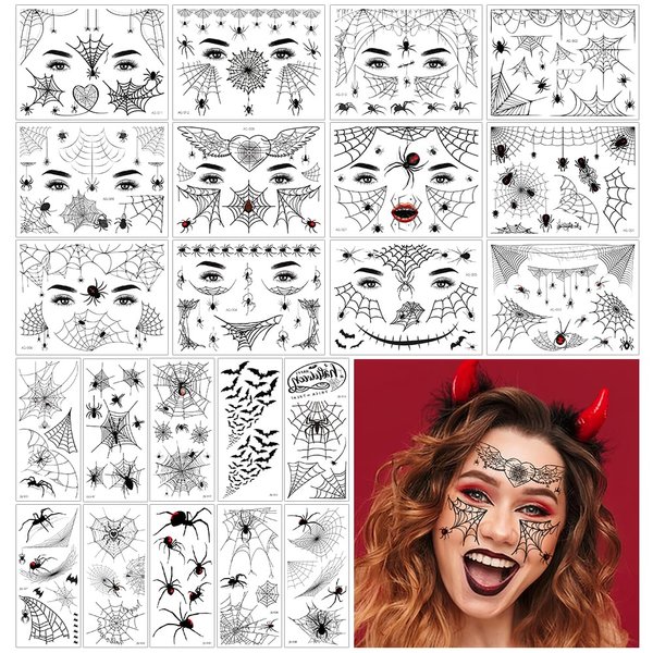 FANOST 22 Sheets Halloween Spider Face Tattoos, Halloween Spider Temporary Tattoos, Spider Web Face Tattoos Stickers, Witch Face Tattoos, Halloween Tattoos for Kids Adults, Halloween Cosplay Tattoos