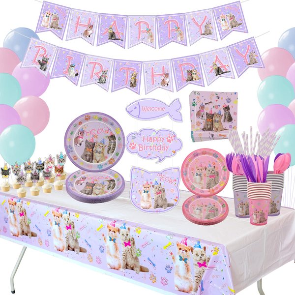 Cat Birthday Party Supplies Set, Kitten Disposable Tableware Includes Happy Birthday Banner, Spoons, Fork, Plates, Tablecloth, Cups, Balloon, Straws for Kids Cat Party Decorations, Serves 20 Guest