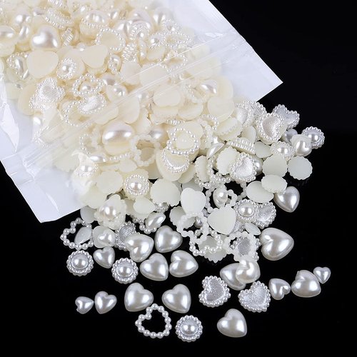 500Pcs Creamy-white Pearls Heart Nail Charms Mixed Styles Flatback Heart Cute Assorted Beads 3D Nail Art Charms Crafts Material Embellishments for DIY Crafts Accessories