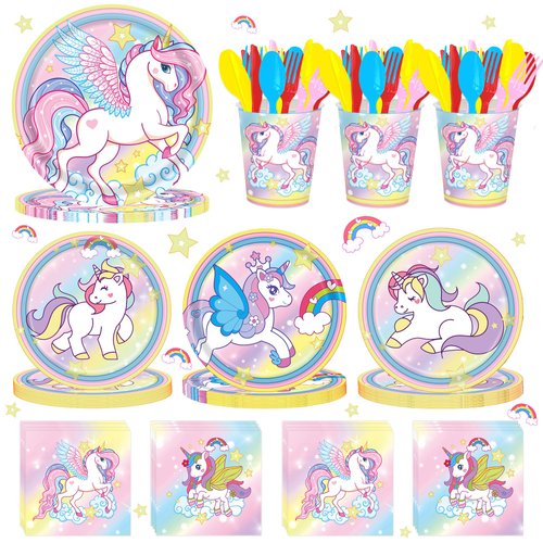 SJJPDYY 168pcs Unicorn Birthday Party Supplies with Unicorn Banner for Girls, 24 Serves Unicorn Disposable Tableware Set with Plates, Cups, Napkins, and Cutlery Sets for Unicorn Themes Party Kids