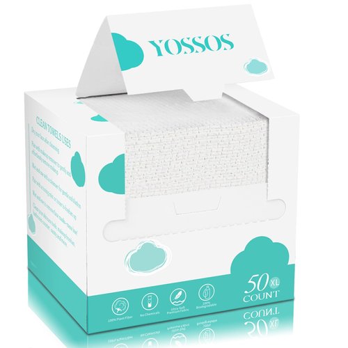 Yossos Disposable Face Towel 100% Cotton, Super Soft Face Wipes for Women Cleansing, Thicken Facial Tissue, Makeup Remover Dry Washcloths for Sensitive Skin, Cotton Clean Cloths 10"×12"(50 Count)
