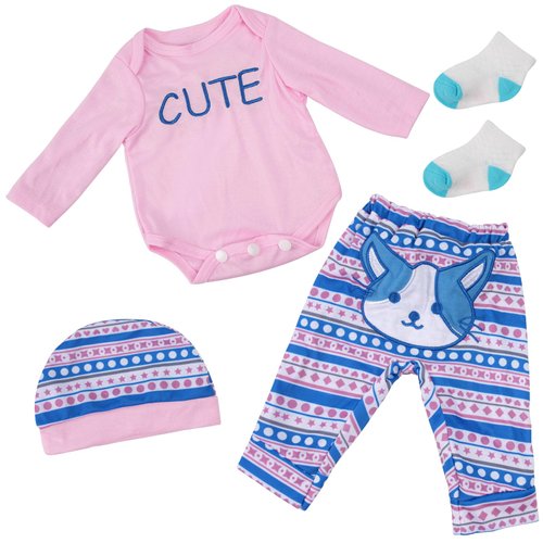 BABESIDE 4 Pcs Reborn Baby Doll Clothes Set for 17-22 Inch Baby Dolls, Cute Cat Pattern Baby Doll Pants and Baby Doll Outfits Accessories for Realistic Newborn Baby Dolls Girl, Pink