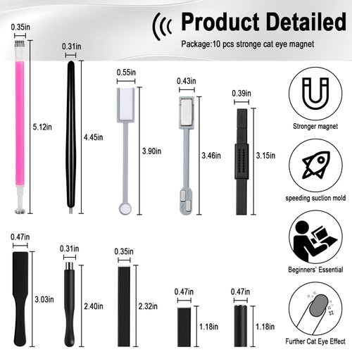 Allstarry 10pcs Nail Magnet Tool Set, Double-head Strong Suction Nail Magnet Stick Cat Eye Flower Design Nail Magnets Pen Plate Wand Board for 9D Strip Galaxy Magnetic Cat Eye Gel Nail Polish Nail Art