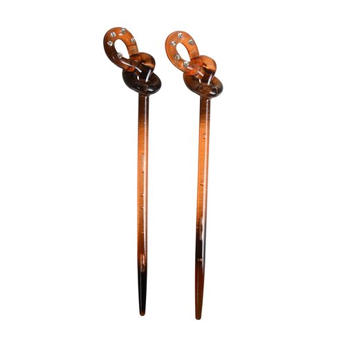 Set of 2 Knot Design Diamond Hair Sticks - Tortoise Shell