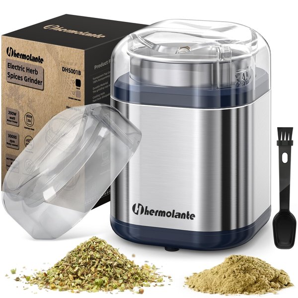 Hermolante Herb Grinder Spice Grinder, 200 w Herb Grinder with Stainless Steel Blade and Cleaning Brush, Compact Size Electric Grinder for Herbs and Spices -5.11in(Stainless Steel)