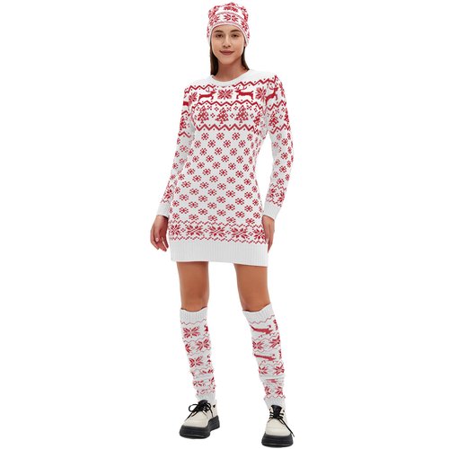 Cuffbow 3 Pcs Christmas Sweater Dress Set Women Long Sleeve Sweater Dress Xmas Thigh High Socks and Hat for Party Gift (Snowflake White,L)