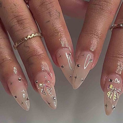 Foccna Clear Press on Nails Medium, Nude Fake Nails Almond Acrylic False Nails,Artificial Glue on Nails for Women and Girls,24 pcs