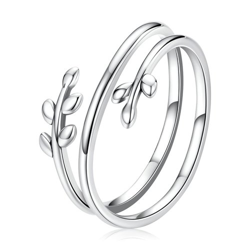 MUNDELL 925 Sterling Silver Simple Multi-layer Leaf Adjustable Ring Green Lucky Leaves Statement Ring for Women Promise Ring Fashion Jewelry