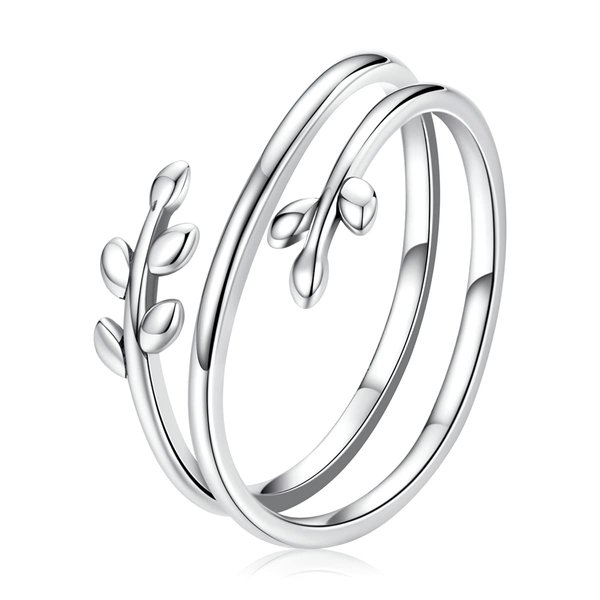 MUNDELL 925 Sterling Silver Simple Multi-layer Leaf Adjustable Ring Green Lucky Leaves Statement Ring for Women Promise Ring Fashion Jewelry