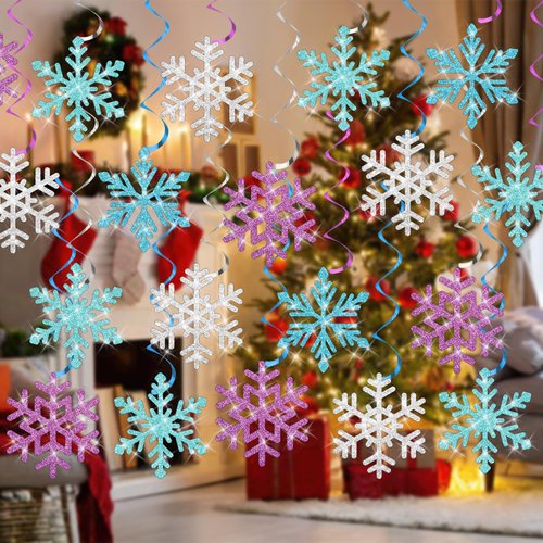 Lonfliness 48PCS Winter Snowflake Hanging Decorations Glittery Colorful Snowflake Swirls Ornament Holiday Snowflake Ceiling Streamers for Winter Wonderland Birthday Baby Shower Christmas Party Supply