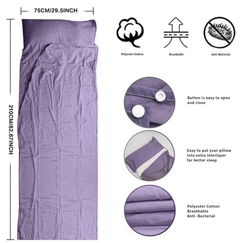 Sleeping Bag Liner, Travel & Camping Sheet for Adults, Lightweight and Compact Insert with Velcro - Comfortable Sleep Liners for Traveling, Hotel and Camping (Purple)