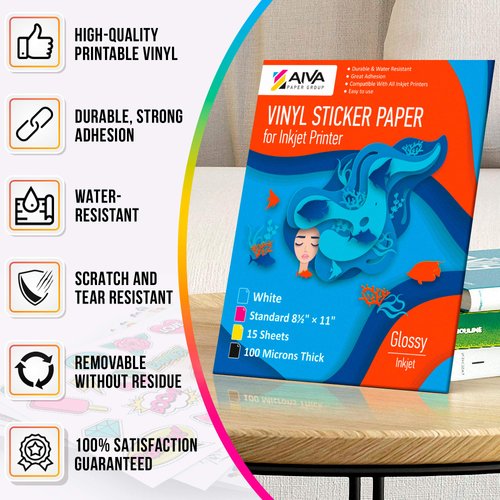 Limia's Care Printable Vinyl Sticker Paper for Inkjet Printer - Glossy White - 15 Self-Adhesive Sheets - Waterproof Decal Paper - Standard Letter Size 8.5"x11"