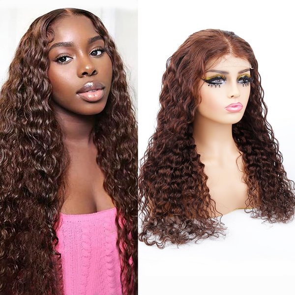 FQ Chocolate Brown #2 Lace Front Wig Water Wave 5x5 HD Lace Closure Wigs for Black Women Human Hair 180% Density Colored Lace Front Wigs Human Hair 20 inch(Chocolate Reddish Brown 5x5 Wigs)