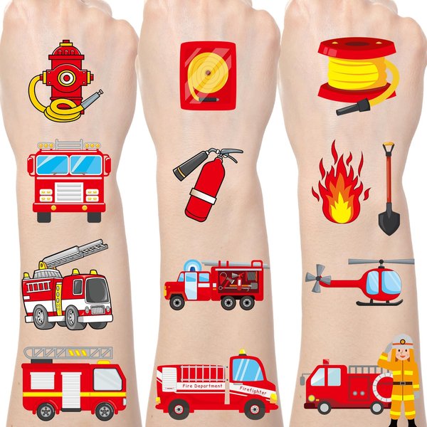 Yoyuspy Firefighter Temporary Tattoos Stickers - 200+ Firefighter Party Decorations Firetruck Fireman Temporary Tattoo for Kids Gifts Fire Truck Fire Themed Party Favors Supplies Decor Prizes