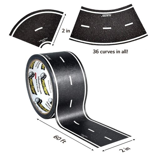 PlayTape Road Tape and Curves for Toy Cars - 1 Roll of 60 ft. x 2 in. Black Road + 1 Roll of 36 Curves