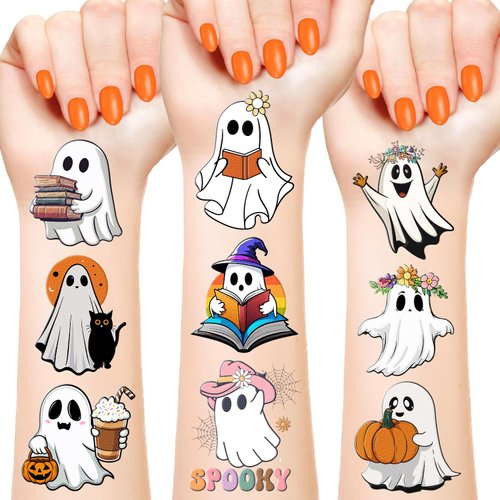 144 PCS Cute Halloween Ghost Temporary Tattoos Stickers, Halloween Ghost Party Favors Supplies Birthday Party Decorations for Kids Boys Girls Teens Adults, 24 Sheets