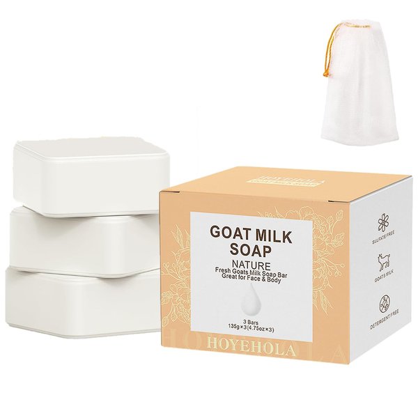 HOYEHOLA Goat Milk Soap Bar 3 Packs - Natural Moisturizing Soap Bar for Men Women All Skin Types Face & Body, 14oz Pack of 3 Bars