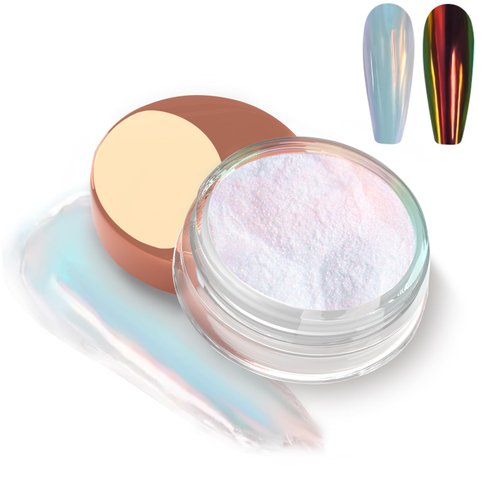 Allstarry Unicorn Chrome Nail Powder, Aurora Mermaid Iridescent White Pearl Nail Chrome Powder Pi...