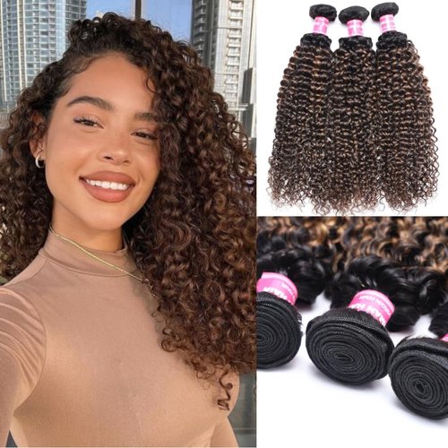 Sunber 12A Ombre Brown Curly Human Hair 3 Bundles 100% Brazilian Virgin Jerry Curly Human Hair Extensions Brown Highlight Weaves Piano Color (10 12 14) Inch Two Tone FB30 Brown Color
