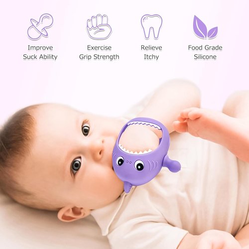 Cute Shark Teething Mitten Toy for Babies, Never Drop Silicone Baby Teether, Hand Pacifier for Babies to Suck and Chew, Toy for Teething Babies (Purple)