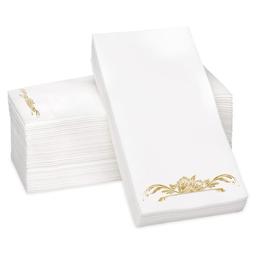 Gold Foil Stamped Airlaid Paper Dinner Napkins – 1/6 Fold 12"x17" Disposable Guest Hand Towels - Absorbent, Linen-Like Feel for Weddings, Receptions, Parties and Bathroom (Gold, 100 Count)