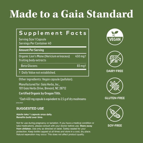 Gaia Herbs Lion’s Mane Mushroom - Brain and Nerve Support Supplement to Help Maintain Neurological Health - with Organic Lion's Mane Mushrooms - 40 Vegan Liquid Phyto-Capsules (40-Day Supply)