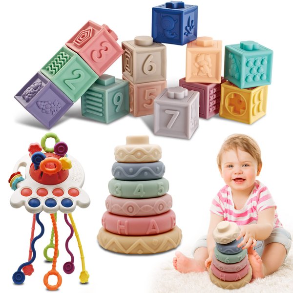 EOOLEOW 3 in1 Baby Toys 6-12 Months, Infant Toys Set Incl Building Blocks Sensory Toys, Stacking Teething Toys, Pull String Toddler Toys, 19PCS Bath Toys for Babies 6-12 Months