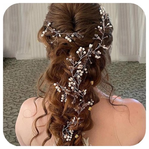 EASEDAILY Pearl Bridal Hair Vine Silver Long Rhinestone Wedding Headpiece Prom Hair Accessories for Women and Brides