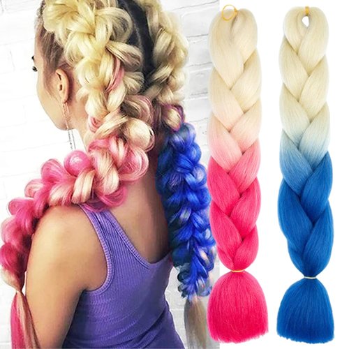 BASEMMAHER Blonde and Red Blue Jumbo Braiding Hair Extensions Synthetic Ombre Colored braiding Hair High Temperature Fiber Crochet Hair for Women Girls Box Braids