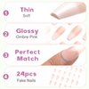 Kikmoya Pink Press on Nails Medium Length with Ombre Design Coffin False Fake Nails 24pcs French Ballerina Long Glossy Stick on Nails for Women