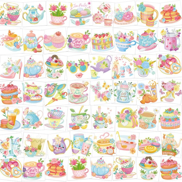 HOWAF 96 Pieces Tea Party Temporary Tattoos, 48 Styles Partea Birthday spring Party Supplies Temporary Tattoos Stickers for Girls Boys Gifts, Tea Kettle, Cupcakes, Tea Party Birthday Party Supplies