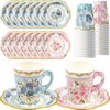 WorldBazaar Tea Party Cups and Saucers 24 Sets Floral Paper Cups with Handles 9oz Tea Party Decorations Flower Birthday Party Supplies Garden Baby Shower bulk