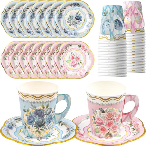 WorldBazaar Tea Party Cups and Saucers 24 Sets Floral Paper Cups with Handles 9oz Tea Party Decorations Flower Birthday Party Supplies Garden Baby Shower bulk