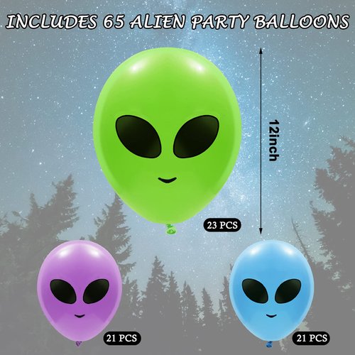 Whaline 65Pcs Alien Balloons Green Blue Purple Alien Party Latex Balloons UFO balloons Outer Space Aliens Decorations for Birthday Party Baby Shower Supplies Home Backdrop Decorations